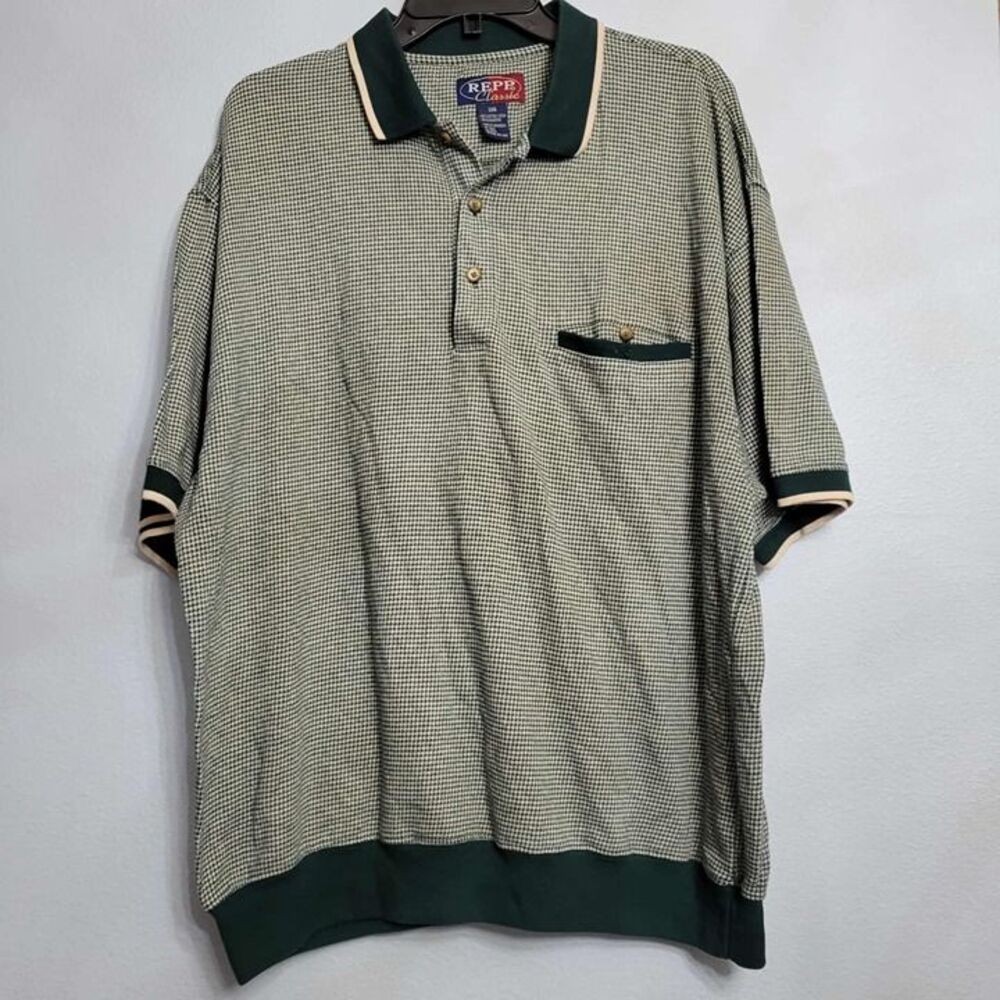 REPP Classic Mens Golf Polo Shirt Green White Houndstooth Retro Ribbed Hem 2XB